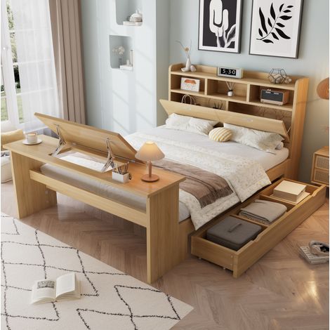 Lit 140x200 cm avec rangement, table rabattable et tête de lit, naturel OKMYHOME (1/5)