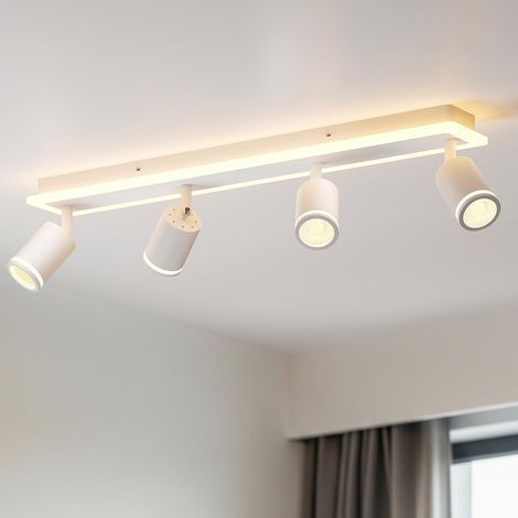 LED Ceiling Light Fixture, White GU10 Living Room Light Fixture, 4 Ceiling Spotlights for Kitchen, Rectangular Base with Integrated Light Bar (Bulbs Not Included) (1/5)