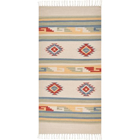 Alfombra kilim de algodón beige azul rojo 80 x 150 cm a mano geométrico borlas Aparan