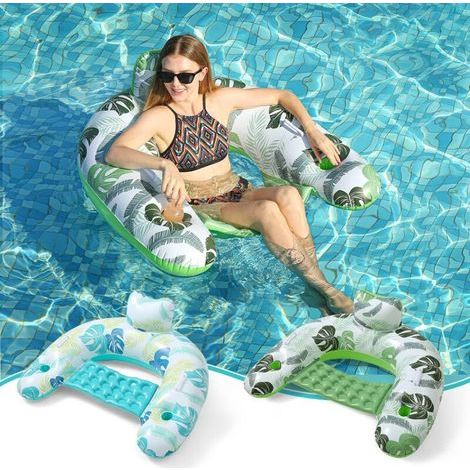 Chaise Flottante Gonflable pour Adultes, Ensemble de 2 avec Porte-Gobelets, Jouet de Piscine et Flotteur pour l'Été (Bleu) (1/3)