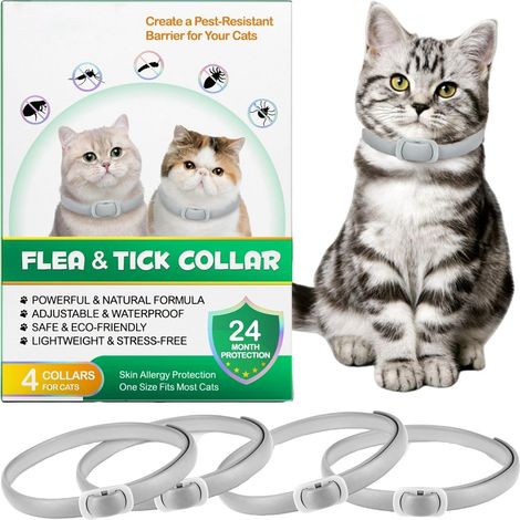 Collier Anti Puces pour Chat, Collier Anti-puces et Anti-tiques pour Chat, Protection Efficace de 24 Mois (Gris, 4PCS) (1/5)