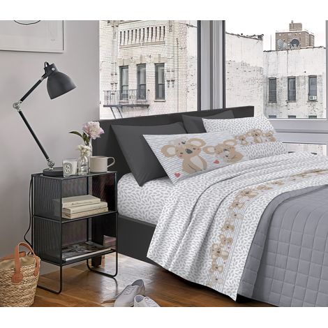 Completo Letto Stampato Made In Italy 100 % Cotone Set Lenzuolo Sopra Sotto Federe Koala Grigio - Matrimoniale