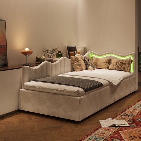 Lit simple coffre 90x200 cm, lit capitonné canapé avec LED, lit enfant, lit rembourrée 90x200 avec sommier, cadre de lit, beige, velours