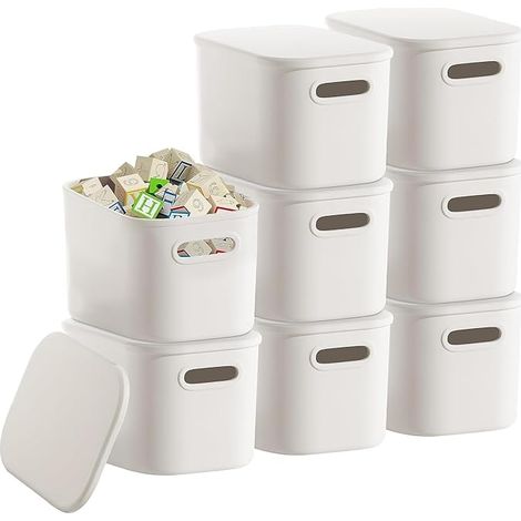 bacs de rangement en plastique, boîtes blanches avec couvercles et poignées, paniers organisateurs empilables pour garde-manger, cuisine, bureau, étagères (26 x 18,5 x 16,5 cm) (1/5)