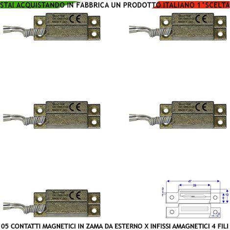 Contatto Magnetico Zama da Esterno Con Alette di Fissaggio Forate 5 Pezzi Reed Sottovuoto Sensibilità Magnetica 10 mm Tensione Max 30 V 10 W Carico Resistivo Pr. IP65 Uscita 4 Fili 2 NC 2 Tamper IP65