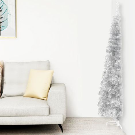 Demi Sapin de Noël artificiel Arbre de Noël mince avec support Argenté 120 cm 91513 (1/5)