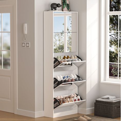 Scarpiera in MDF bianco con specchio, 5 ante a ribalta doppie, altezza 185 cm (1/5)
