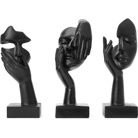 Juego de 3 estatuas de rostros femeninos – Decoración para el hogar – Para estantería o mueble de TV (Negro) (1/5)