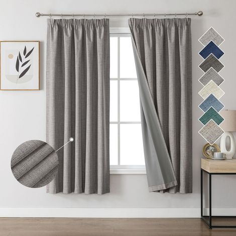 100% Rideau Occultant Thermique en Lin avec Galon Fronceur 117x183 cm 2 Pièces, Rideau Isolant Thermique Anti Froid et Chaleur à Passe Tringle pour Décoration de Porte Fenêtre (1/5)