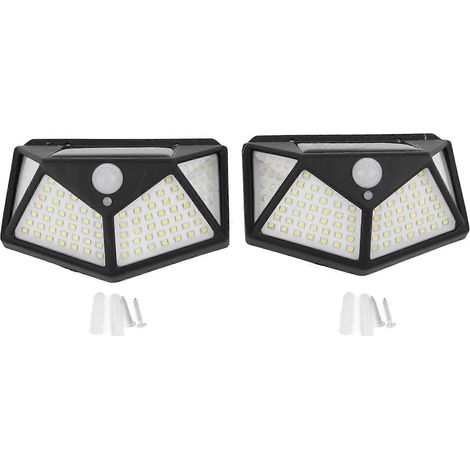 Lot de 2 lampes solaires murales d'extérieur à détecteur de mouvement, 4 faces, 100 LED haute luminosité, étanches. (1/4)