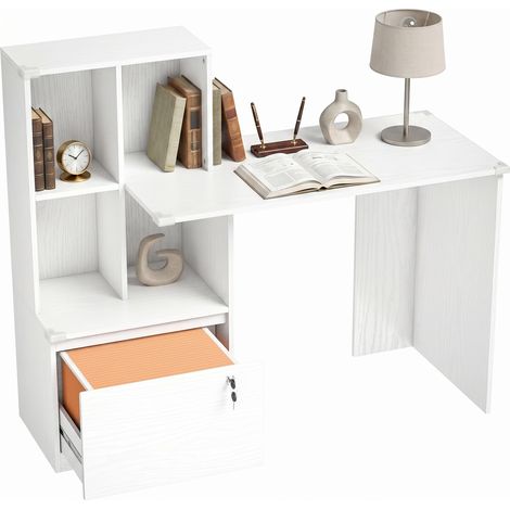 Bureau d'ordinateur avec bibliothèque 4 compartiments et tiroir verrouillable, 126 x 50 x 109 cm, grain de bois blanc (1/5)