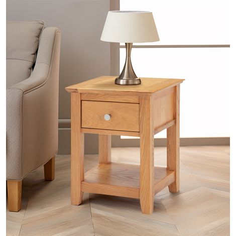 Hallowood Furniture Hereford Oak Small Lamp Table with Drawer and Lower Shelf, Wooden Narrow Side Table, Nightstand, Light Oak Plant Stand, Fully Assembled Bedside, Hallway and Living Room Furniture (1/5)