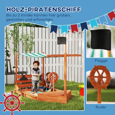 Bac à sable en bois massif avec voile d'ombrage, thème bateau pirate, incluant une cuisine jouet pour enfants, dimensions 180 x 103 x 144,5 cm, couleur verte (1/4)