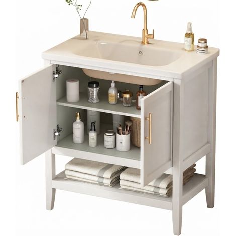 ELVMI Mueble Bajo Lavabo con Lavabo de Cerámica y Almacenaje Abierto de Pie para Baño en MDF Blanco (1/5)