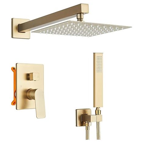 Système de douche encastré avec robinetterie murale, pommeau de douche carré effet pluie 20 cm, robinet de douche et de baignoire, finition or brossé (1/5)