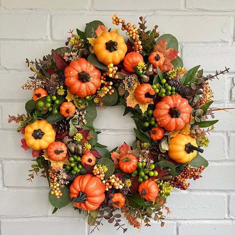 Couronne Automne - Couronne Porte Feuilles D'érable Citrouilles Pommes De Pin Baies - 45 cm - Décoration Intérieure Extérieure (1/5)
