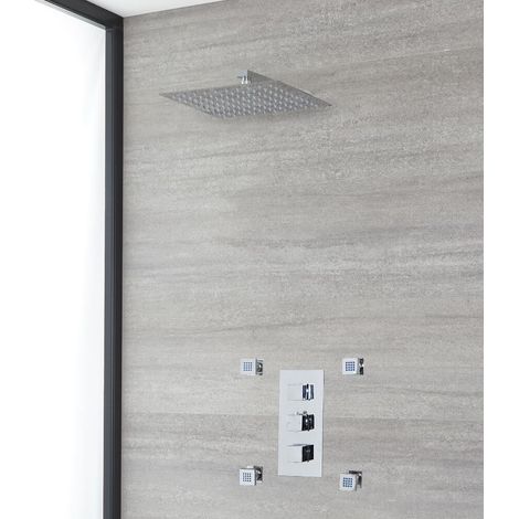 Hudson Reed – Mitigeur de douche thermostatique moderne – Pommeau mural carré 30 cm – 4 buses hydromassantes – Laiton massif chromé (1/5)