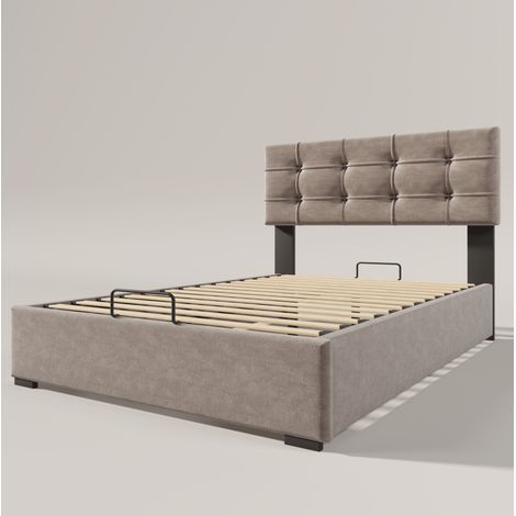 Cama con almacenaje 90x200 cm en terciopelo gris claro con cabecero ajustable y somier metálico (1/5)