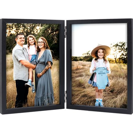 Cadre photo double 13 x 18 en bois pliable avec support avant en verre vertical sur le bureau Noir (1/5)