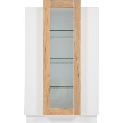 Vitrine salon 74x40x120 cm, 3 portes en acrylique transparent, structure 4 étagères avec LED contrôlable par application, blanc et bois (1/5)