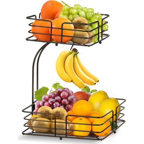 Zweistöckiger Obstkorb mit Bananenhalter, Metall, abnehmbar, dekorativ, modern, schwarz (1/4)