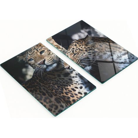 Tablas de servir de cristal para cocina con dos estampados de leopardo, 2x30x52 cm.