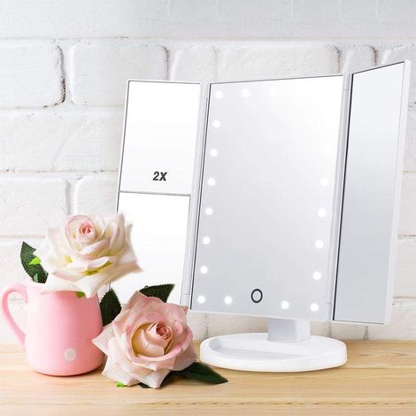 Miroir cosmétique LED triptyque avec miroir grossissant 10x pour maquillage, blanc (1/3)