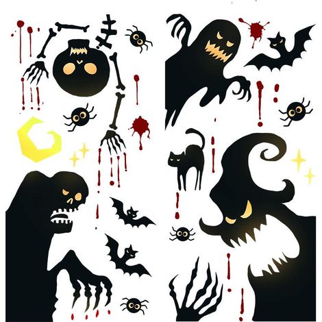 Lot de stickers muraux Halloween fantômes chauves-souris crânes araignées pour déco intérieure salon vitre fenêtre autocollants muraux (1/5)