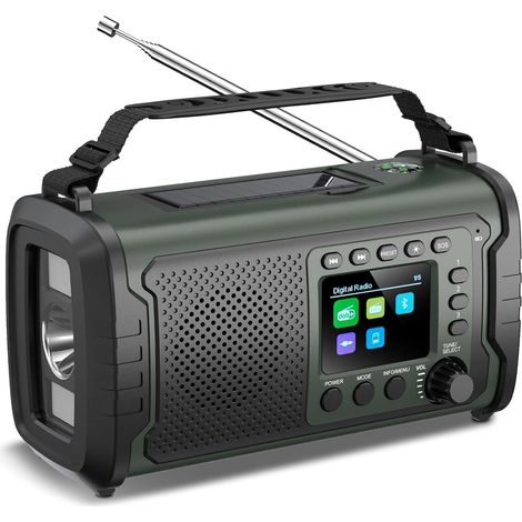 Radio Dab+/FM 27000mAh à Manivelle et Solaire – Radio d’Urgence avec Powerbank, Bluetooth 5.3, SOS, Lampe et Boussole pour Camping et Outdoor (Vert armée) (1/5)