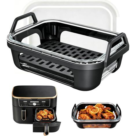 Plat en verre airfryer, détachable plat à four boite en verre met deksel et poignée, BPA free, air fryer accessoires voor dual zone friteuse à air