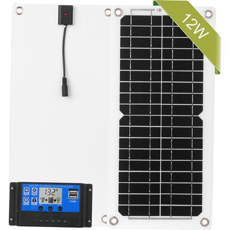 Kit Panneau Solaire 12W 12V Monocristallin avec Régulateur de Charge et Port USB Hors Réseau pour Camping Caravane Bateau Marine avec Câbles Connectique SAE