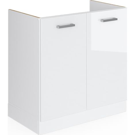 Base per lavello R-Line, Bianco lucido, 80 cm con ante, senza piano di lavoro, Vicco
