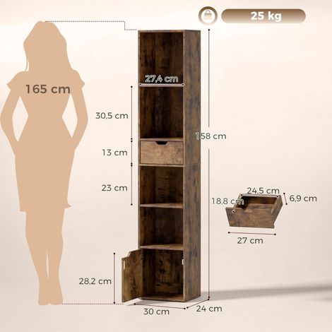 Bibliothèque 6 étagères réglables, meuble de rangement avec tiroir et porte, étagère modulable et personnalisable, présentoir en bois, couleur chêne foncé, pour salon ou bureau. (1/5)