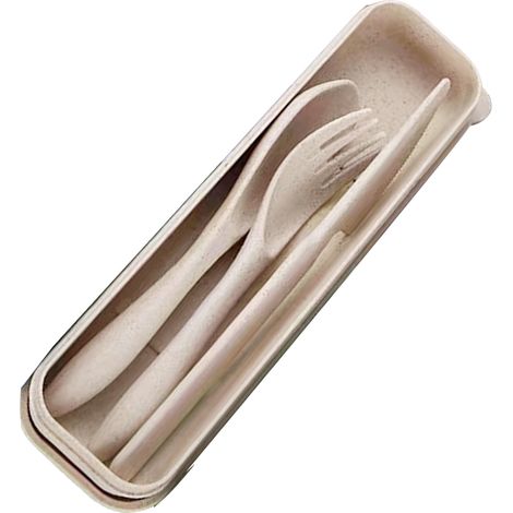 Ensemble de couverts en paille de blé, moderne et portable, comprenant une fourchette, une cuillère et un couteau, avec boîte, pour le bureau, l'école et les pique-niques, beige. (1/5)