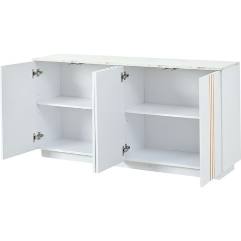Buffet de salon, meuble de rangement à 4 portes, 35 x 140 x 70 cm, design à lignes dorées, armoire avec cloisons réglables, adapté au salon et à la chambre, blanc + or (1/5)
