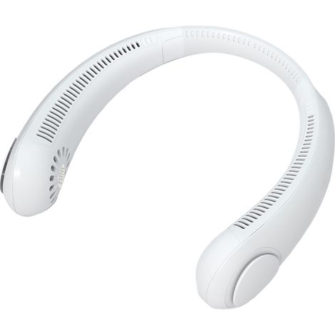 Ventilateur de cou compact et sans feuilles, idéal pour les étudiants sportifs, rechargeable par USB, en ABS blanc et silicone réglable.