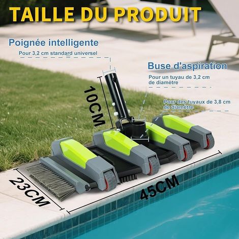 Balai Aspirateur Piscine 45 cm avec Roues, Brosse Aspirateur Piscine avec Raccord d’Aspiration, Brosse de Fond Piscine Flexible avec Brosse Latérale, Compatible Tuyaux 3.2cm et 3.8cm (1/5)