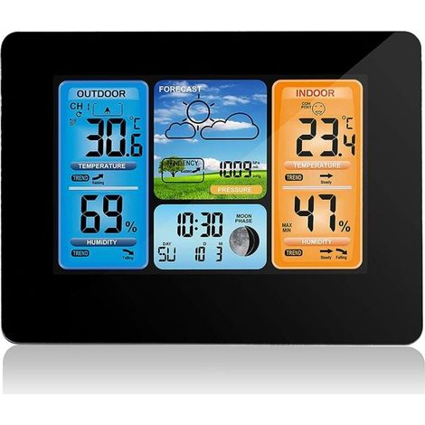 Station Météo Numérique de Prévision de Couleur, Horloge Météo avec Capteur Extérieur avec Capteur Extérieur avec Alerte, Température, Humidité(Noir) (1/5)