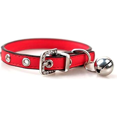 Collier Réglable en Cuir Doux avec Clochette - Collier Chat pour Chat, Chaton, Chiot, Petit Chien(17cm-22cm)-Rouge (1/5)
