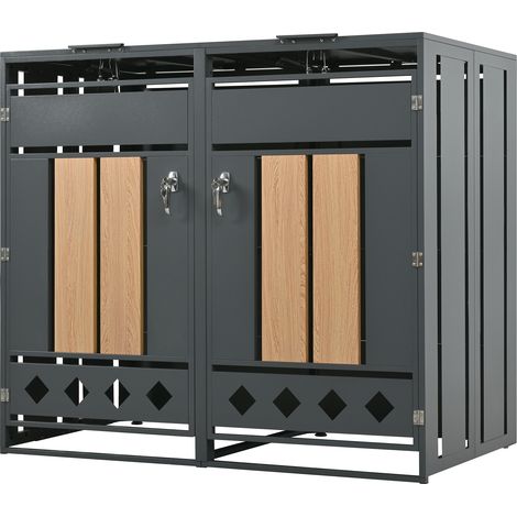 Coffre de rangement extérieur pour poubelles, acier galvanisé, double compartiment, porte à serrure, finition effet bois (1/5)