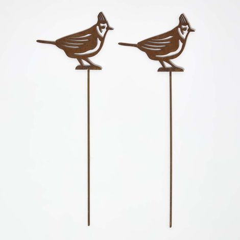 HOMESCAPES Gartenstecker Rost – Haubenmeise Gartendeko 2er-Set, wetterfeste Gartenfiguren aus Metall für draußen, Rost Deko für Garten, Terrasse & Balkon (1/5)
