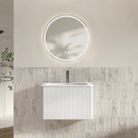 Ensemble meubles salle de bain 60 cm avec miroir LED, vasque avec meuble sous-lavabo, mural, blanc (1/5)