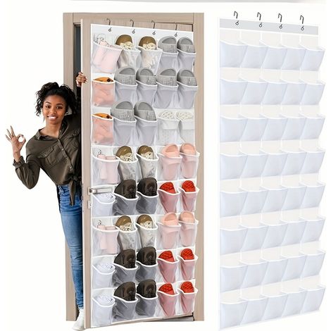 Range-chaussures pour placard d'entrée avec 40 grandes poches en maille chambre, respirante, gain de place, à suspendre (blanc) (1/5)