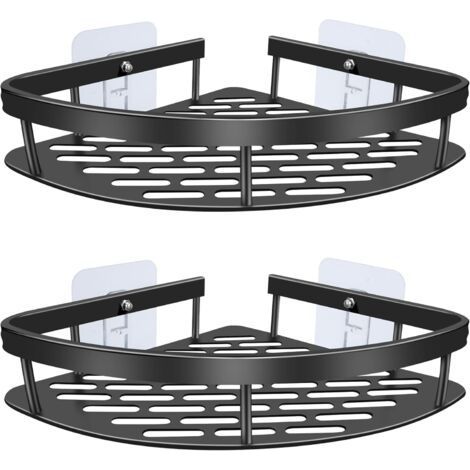 Corner Shower Caddy, 2 Stainless Steel Shower Shelves No Drilling, Corner Shower Shelf with 4 Hooks for Storing Shampoo and Shower Gel (Black) (1/5)