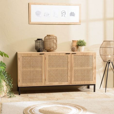 MARCEAU - Buffet en bois 3 portes cannage naturel pieds métal noir (1/5)