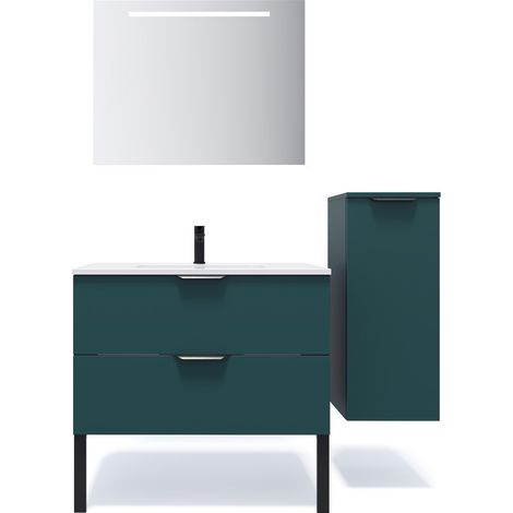 Meuble de salle de bain suspendu vasque intégrée 90cm 2 tiroirs Bleu + miroir + colonne ouverture droite - Soho (1/5)