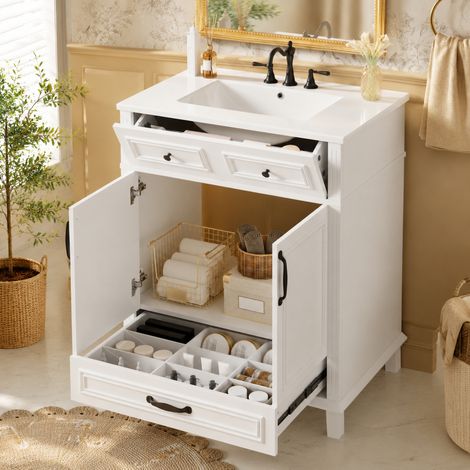 Meuble de salle de bain au sol 77x46x86cm, finition laquée complète, lavabo céramique intégré, 9 espaces de rangement, double porte amortie, blanc (1/5)