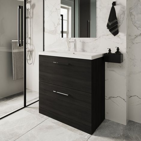 Nuie Arno Charcoal Black Woodgrain 800mm 2 Drawer Vanity Unit and Minimalist Ceramic Basin - ARN635B (1/5)