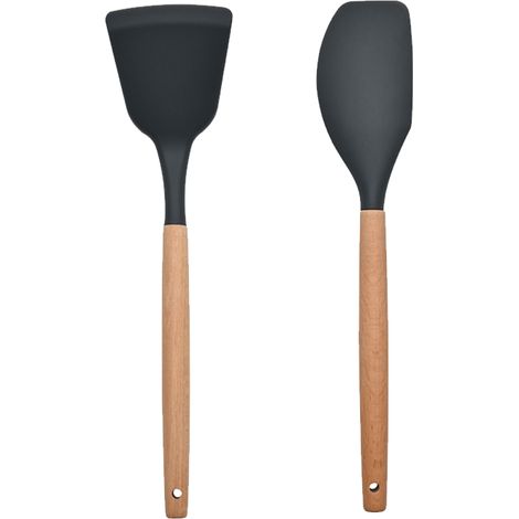 Ensemble Ustensiles Cuisine Silicone - Manches En Bois Résistants Chaleur - Pour Cuisson Et Pâtisserie - Lot De 2 Pièces (1/5)