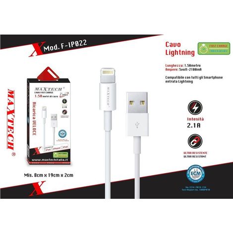 Trade Shop - USB LIGHTNING 1.5MT 2.1A RICARICA VELOCE TRASMISSIONE DATI MAXTECH F-IP022 -